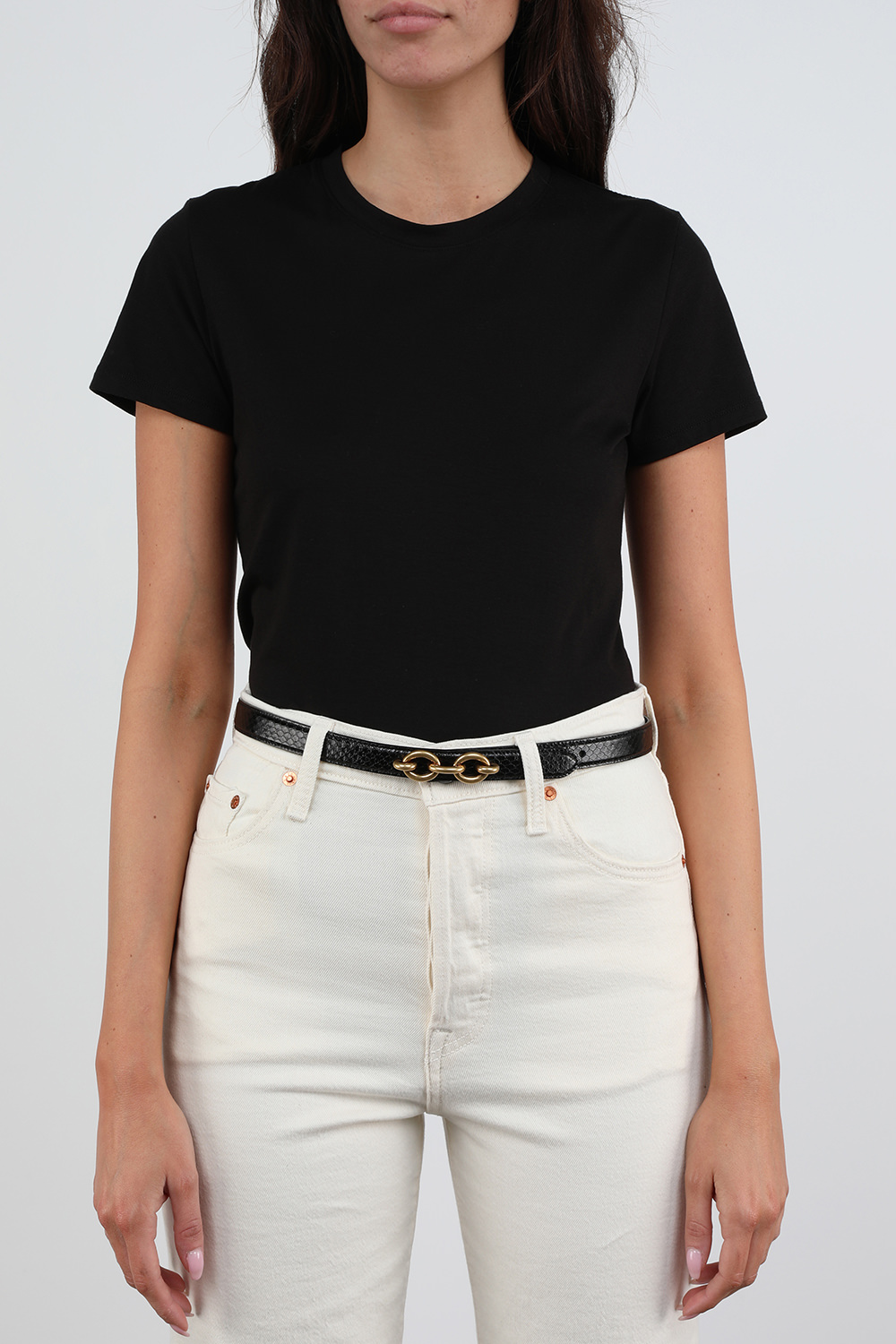 תמונת כל הלוק של חגורת מיילון דקה מעור קרקו בגוון שחור